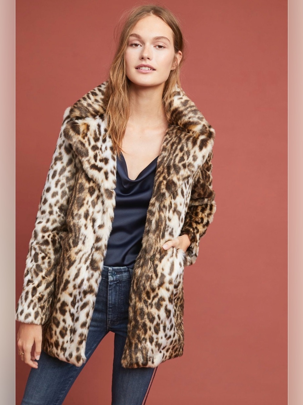 Marrakech Anthropologie Mirabeau Leopard Faux Fur Coat M Petite Animal Print EUC